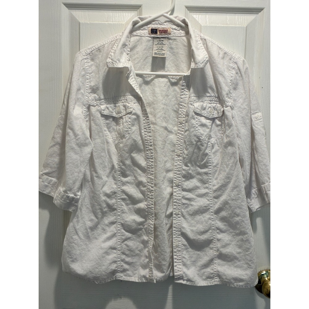 Faded Glory Original White Linen Blend Button Up Shirt 3/4 Sleeve Womens L 12-14